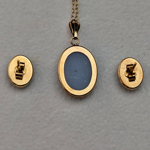 British Vintage Jewelry K9 Gold & Cameo Pendant Necklace Earrings Set
